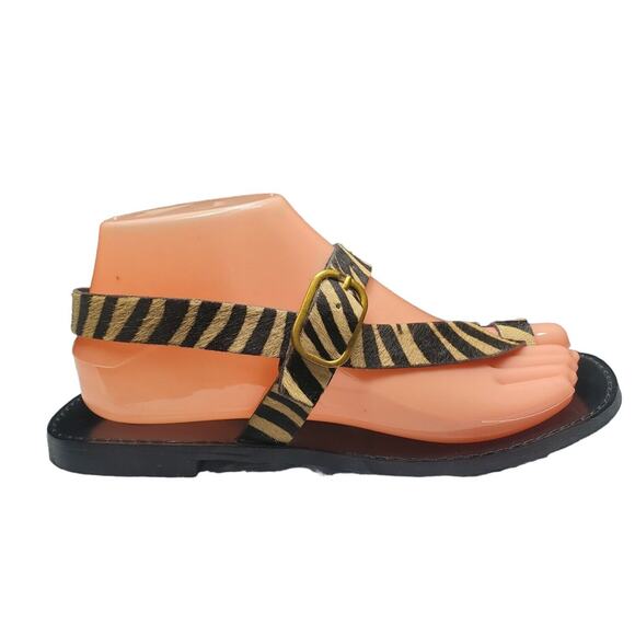 Massimo Dutti Womens Zebra Print Leather Sandals 37 6.5 Brown Black Casual Flat - Picture 8 of 9